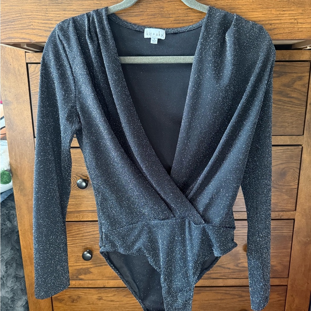 Lulu's Shimmering Black Long Sleeve Bodysuit